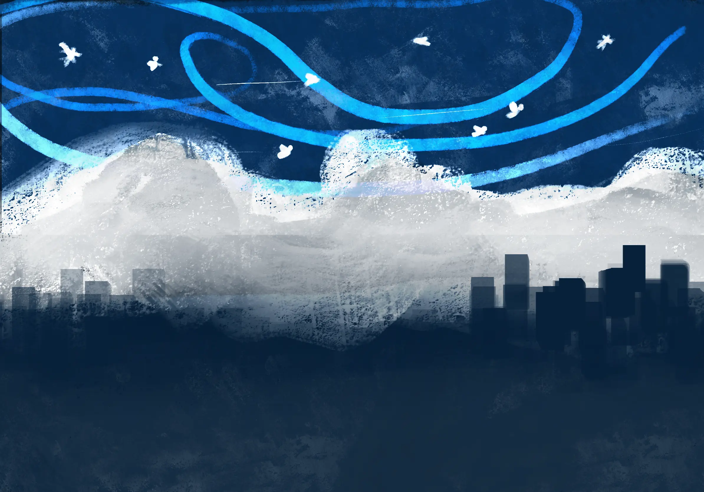 Blue city with fairies