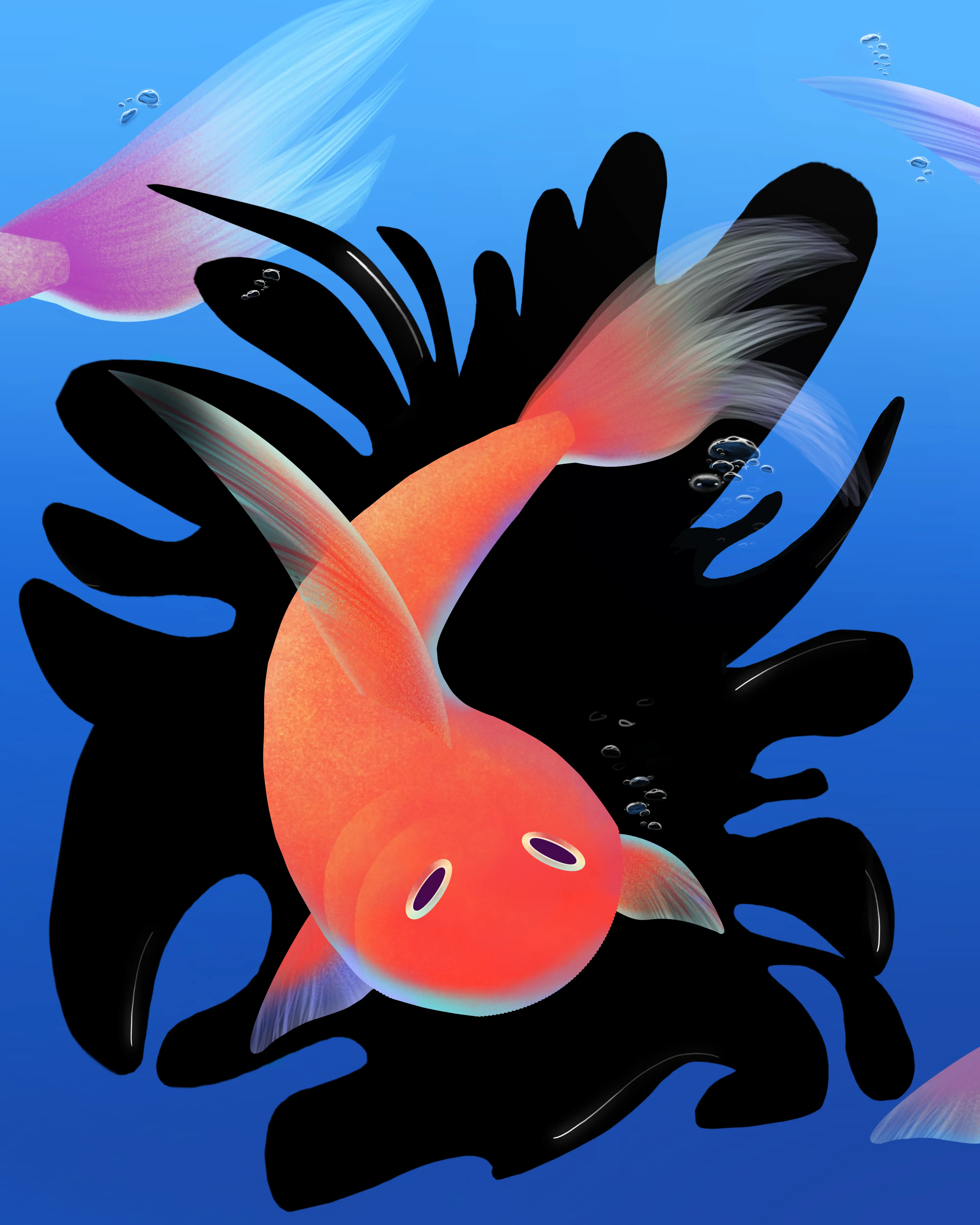 Orange goldfish with oily black surroundings in an ocean