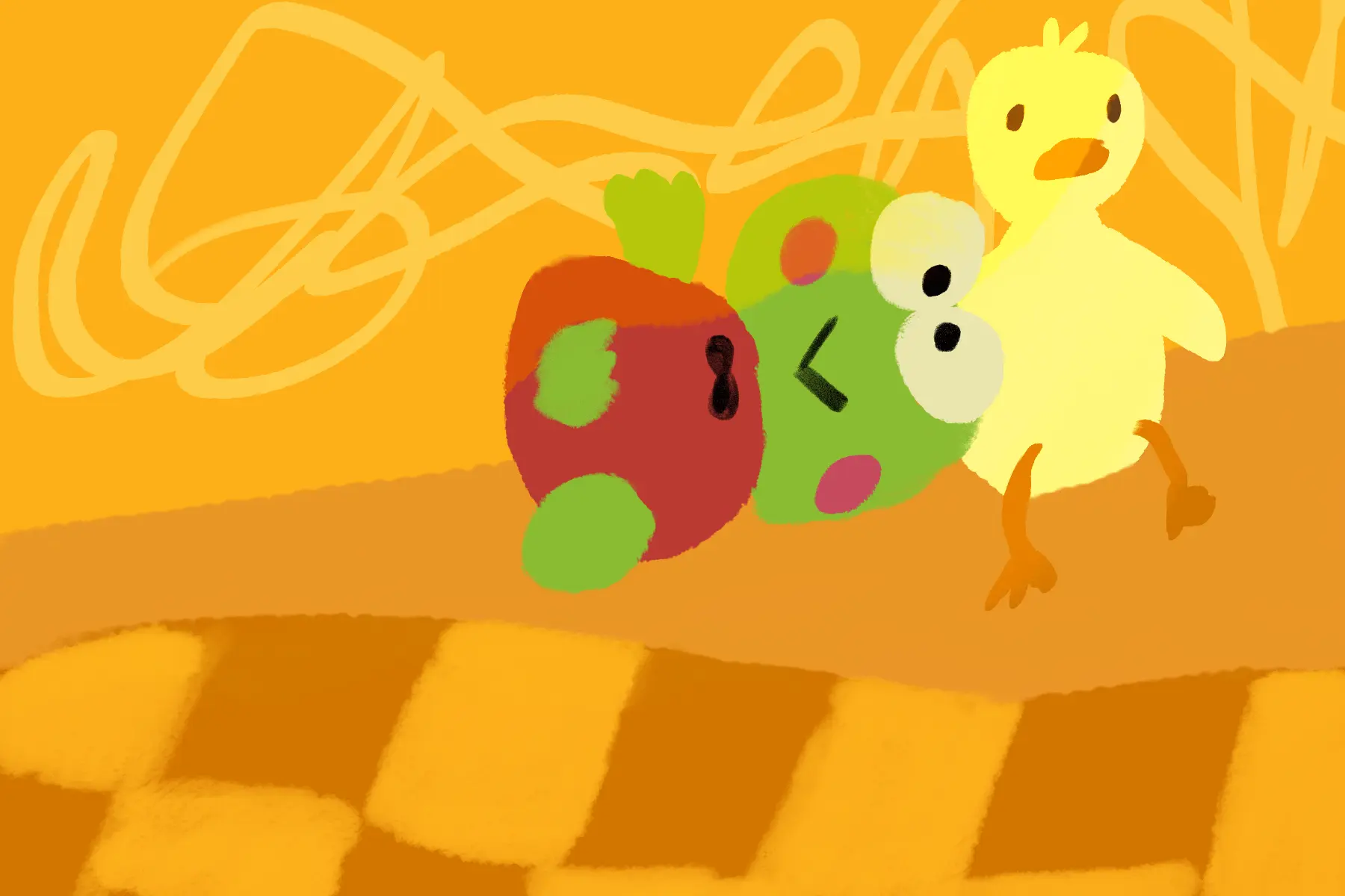 Keroppi and duck plush on couch